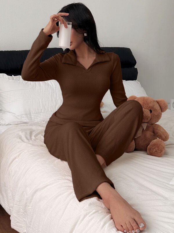 New Knitted Polo Collar Long-sleeved Casual Trousers Pajamas Homewear Suit - Image 7