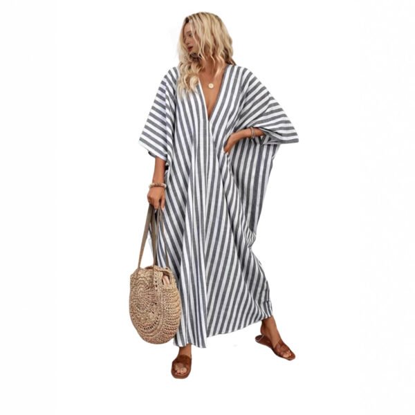 Casual V-neck Striped Long Dress For Women - Image 8