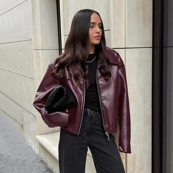Retro Biker's Style Wine Red European And American Handsome Matte Leather Jacket Coat - Image 8