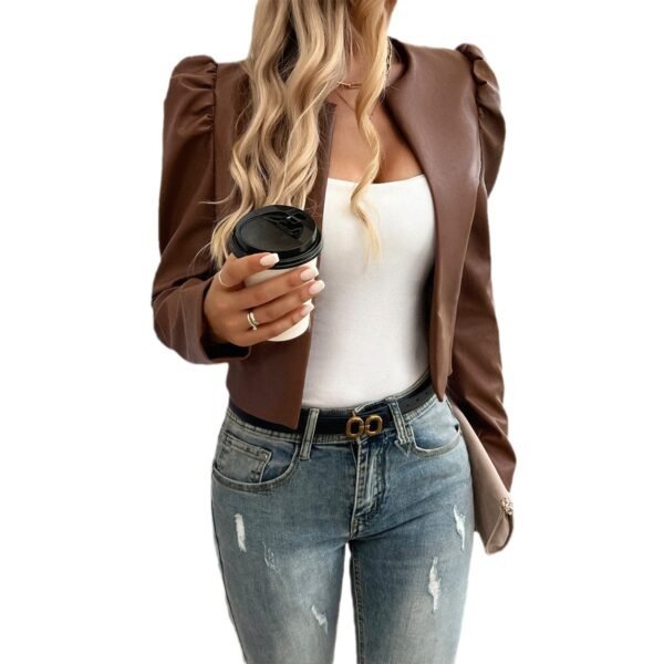 Jacket Women's Temperament Leisure Cardigan Solid Color Leather Coat - Image 3