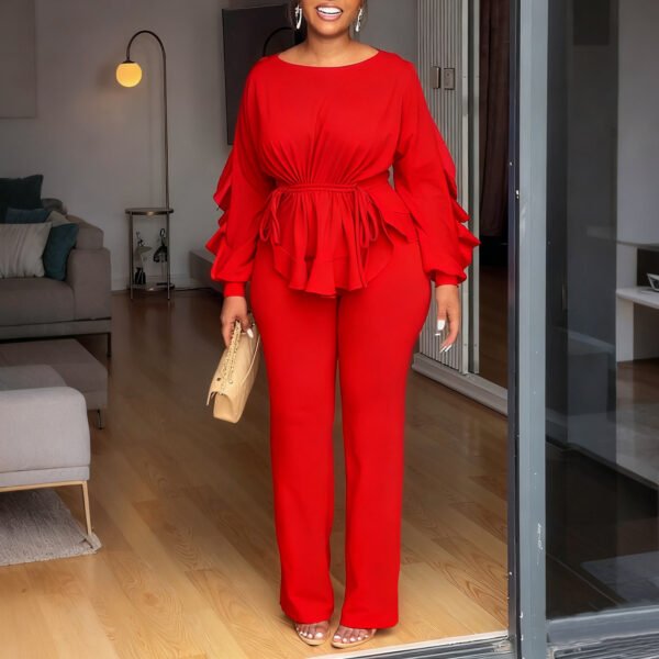 Ruffled Drawstring Long Sleeve Waist-controlled Top Pants - Image 2