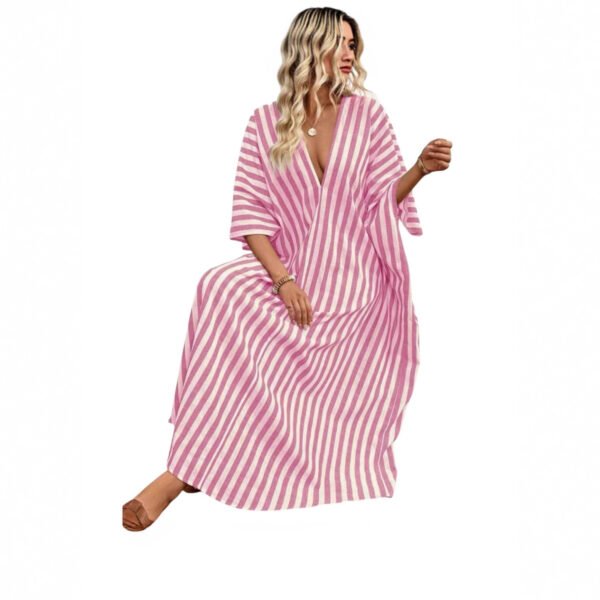 Casual V-neck Striped Long Dress For Women - Image 7