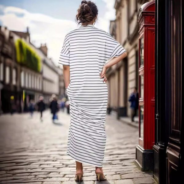 Women's Short Sleeve And Long Pattern Striped Dress - Image 4