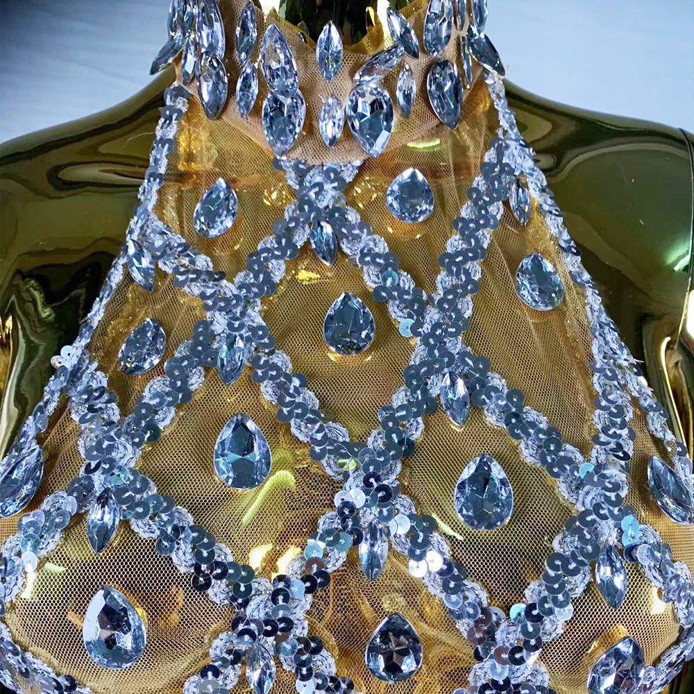 High-end Women's Heavy-duty Rhinestone Plaid Sequined Gloves Ultra-short Dress - Image 3