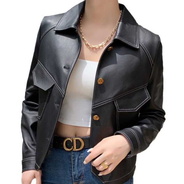 Coat Collar Buckle Leather Women's Short Slim-fitting Biker - Image 2