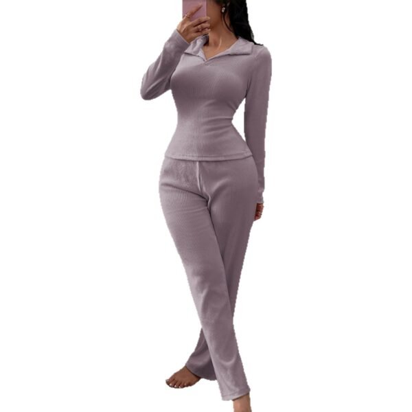 New Knitted Polo Collar Long-sleeved Casual Trousers Pajamas Homewear Suit - Image 5