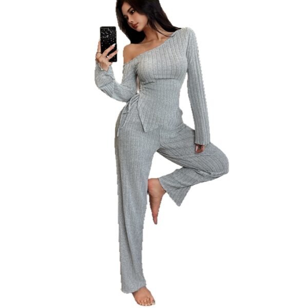 Fashion Sexy Off-the-shoulder Irregular Long Sleeve Trousers Homewear Suit - Image 2
