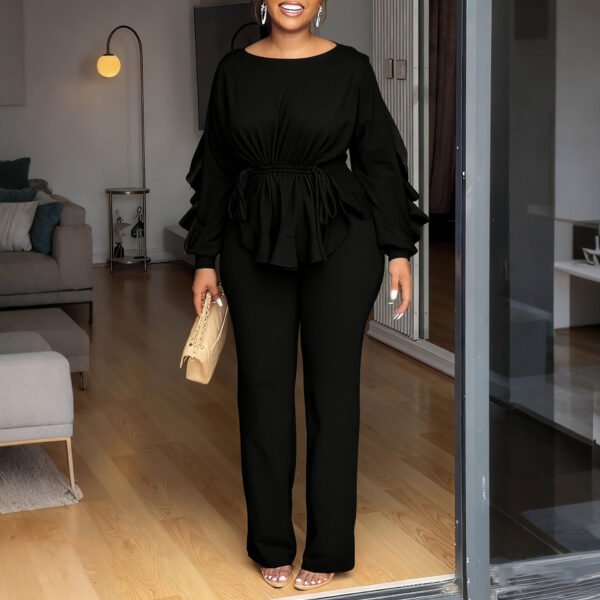 Ruffled Drawstring Long Sleeve Waist-controlled Top Pants - Image 3
