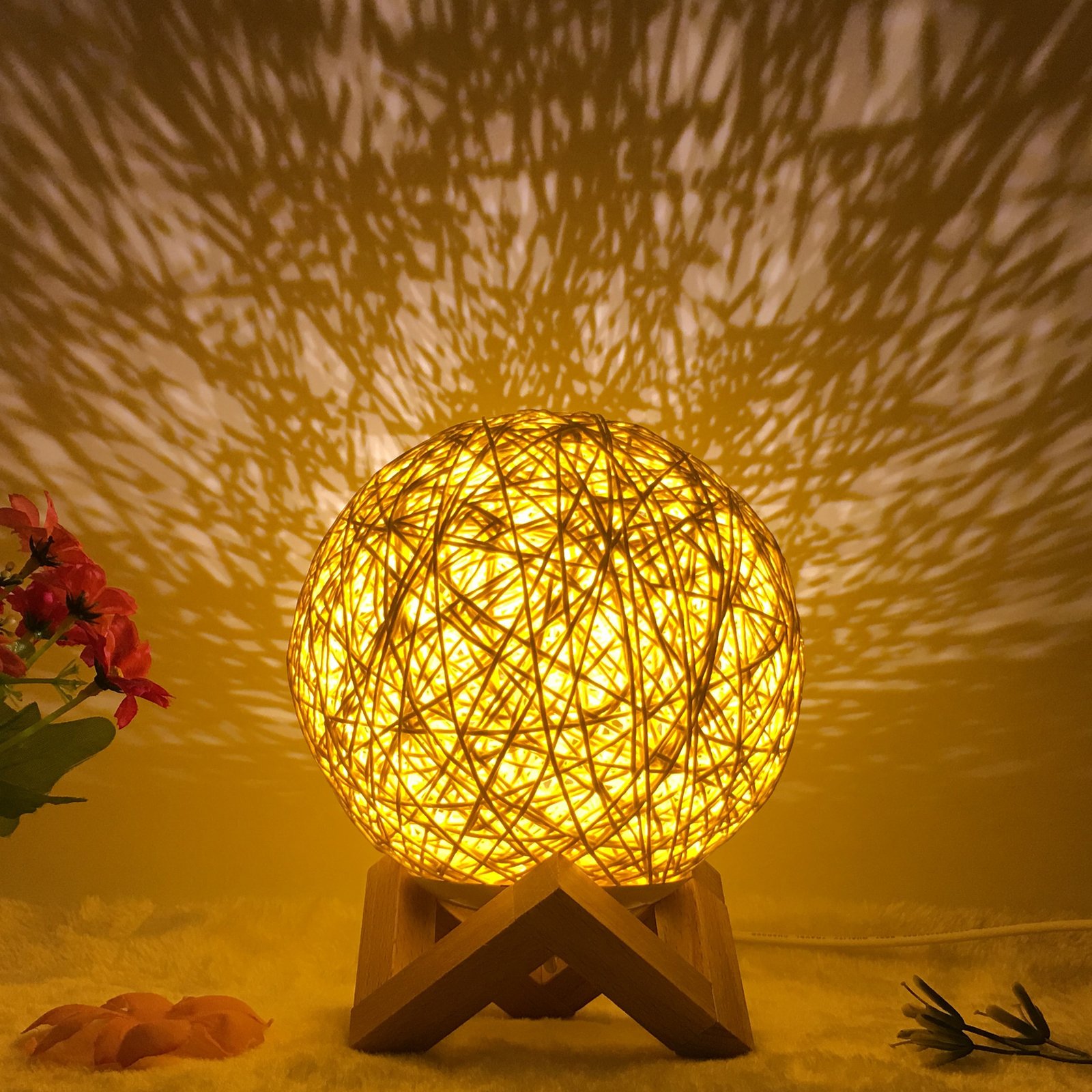 Amazon Hot Selling Creative Linen Table Lamp Novel and Unique LED Intelligent USB7 Color RGB16 Color Remote Control Rattan Ball Lamp - Image 6