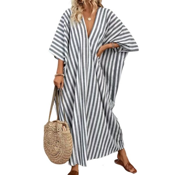 Casual V-neck Striped Long Dress For Women - Image 5