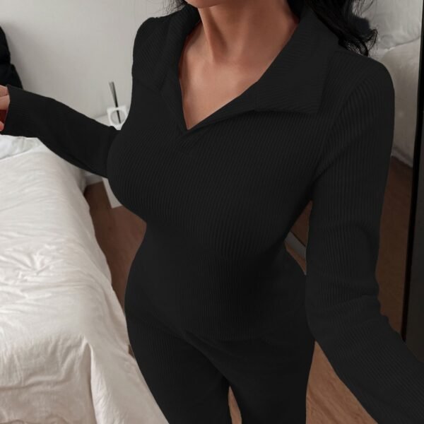 New Knitted Polo Collar Long-sleeved Casual Trousers Pajamas Homewear Suit - Image 6