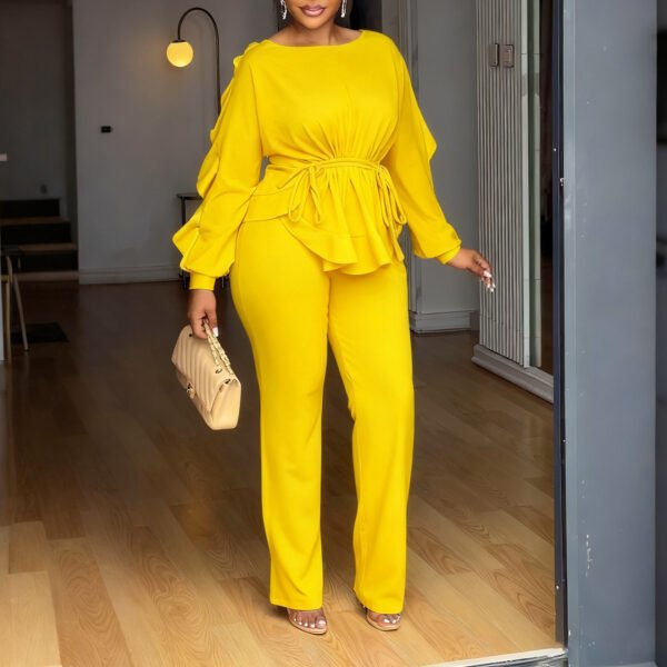 Ruffled Drawstring Long Sleeve Waist-controlled Top Pants - Image 9