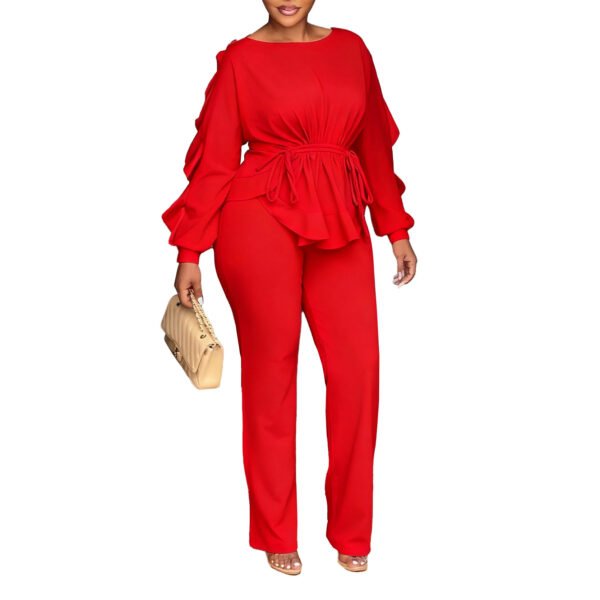 Ruffled Drawstring Long Sleeve Waist-controlled Top Pants - Image 5
