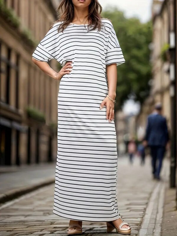 Women's Short Sleeve And Long Pattern Striped Dress - Image 2