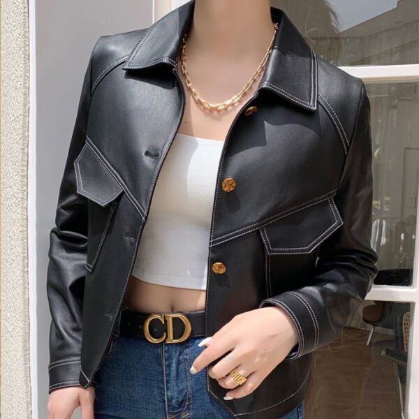 Coat Collar Buckle Leather Women's Short Slim-fitting Biker - Image 5