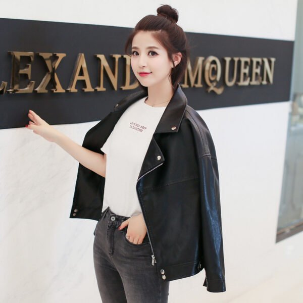 European And American Slim Student Locomotive Loose Boyfriend Style Leather Jacket - Image 3