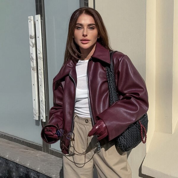 Retro Biker's Style Wine Red European And American Handsome Matte Leather Jacket Coat - Image 7