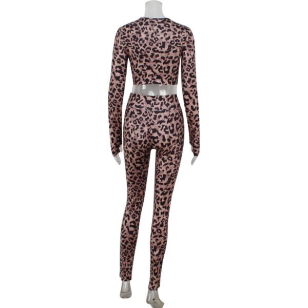 Women's Fashion Leopard Suit Tight Long Sleeves Cropped Top And Trousers Two-piece Suit - Image 4