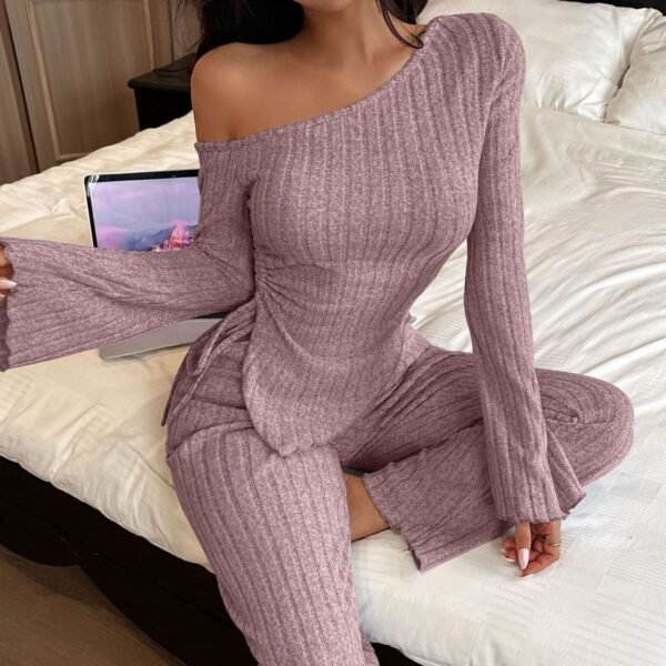 Fashion Sexy Off-the-shoulder Irregular Long Sleeve Trousers Homewear Suit - Image 9