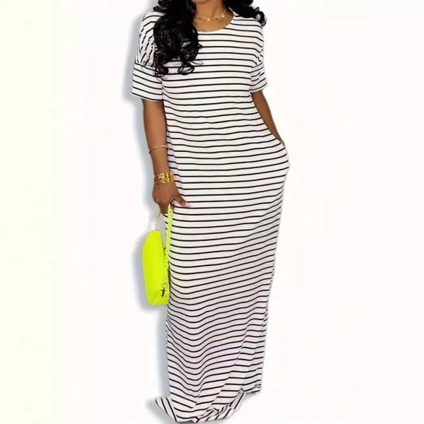 Women's Short Sleeve And Long Pattern Striped Dress - Image 6