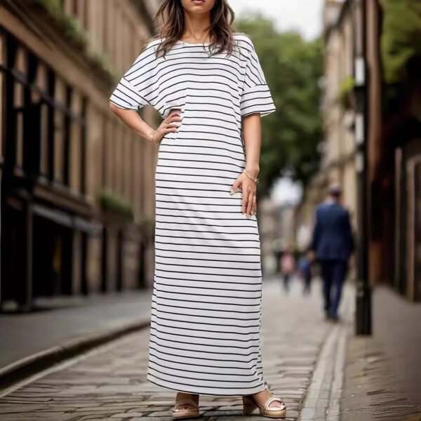 Women's Short Sleeve And Long Pattern Striped Dress - Image 5