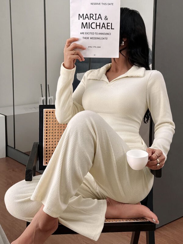 New Knitted Polo Collar Long-sleeved Casual Trousers Pajamas Homewear Suit - Image 2
