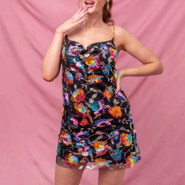 Popular Off-neck Backless Sequined Floral Dress For Women - Image 6