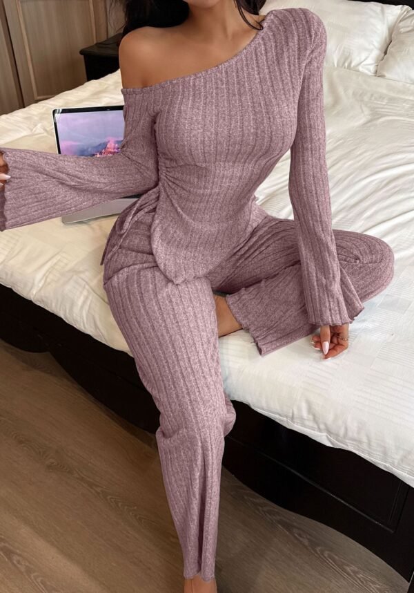 Fashion Sexy Off-the-shoulder Irregular Long Sleeve Trousers Homewear Suit - Image 4