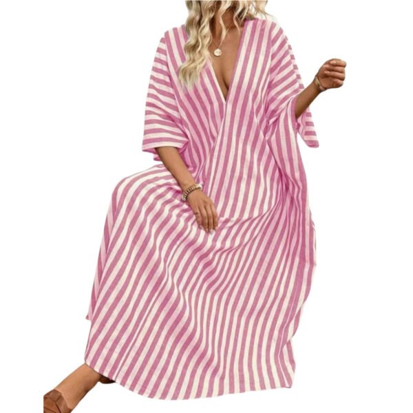 Casual V-neck Striped Long Dress For Women - Image 3