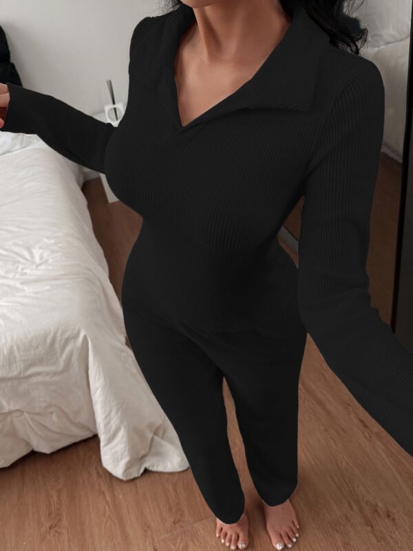 New Knitted Polo Collar Long-sleeved Casual Trousers Pajamas Homewear Suit - Image 9