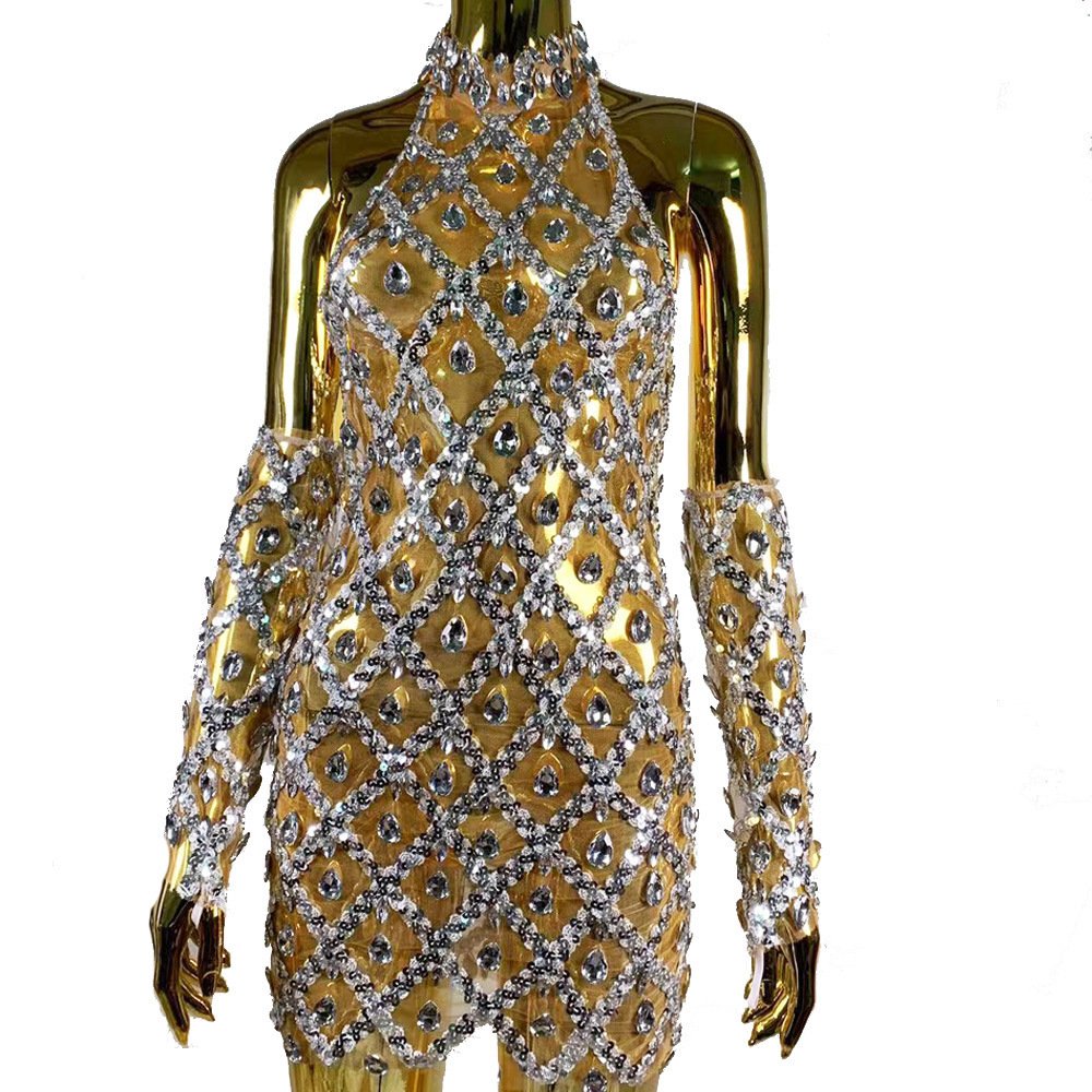 High-end Women's Heavy-duty Rhinestone Plaid Sequined Gloves Ultra-short Dress - Image 5