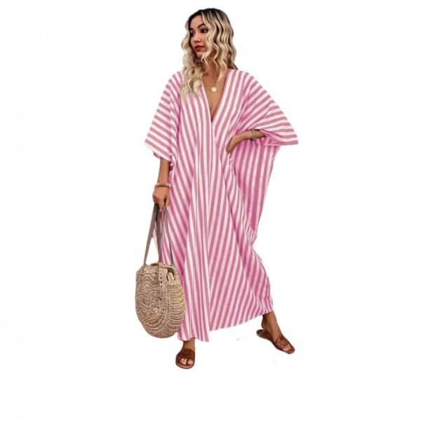 Casual V-neck Striped Long Dress For Women - Image 4