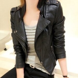 Slim-fit Stand-collar Ladies Jacket Rivet Leather Jacket