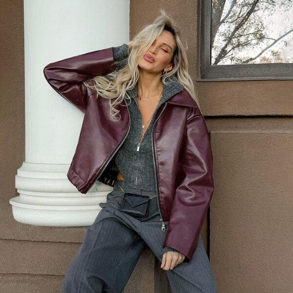 Retro Biker's Style Wine Red European And American Handsome Matte Leather Jacket Coat - Image 3