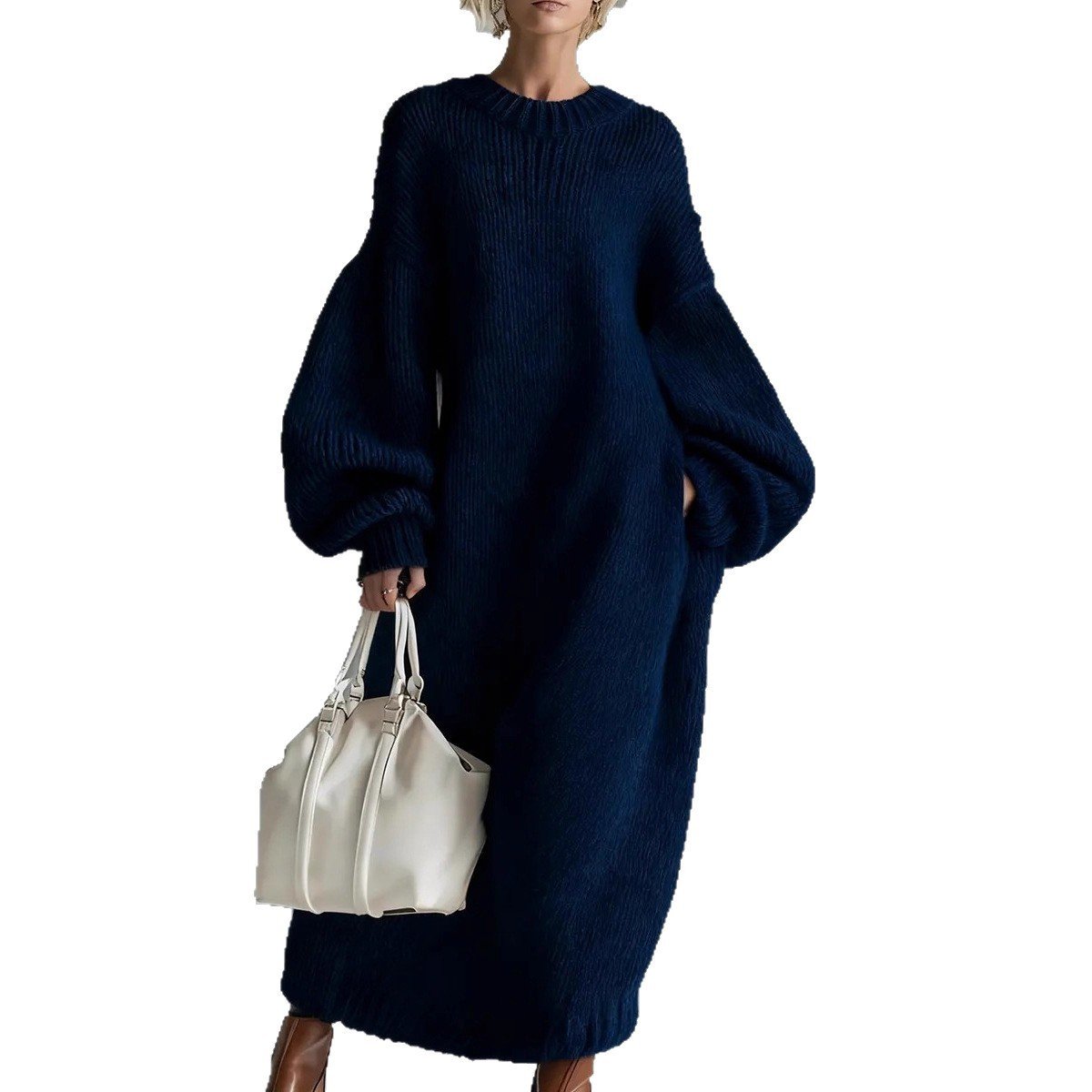Crew-neck Loose-fit Lantern-sleeve Long Knit Sweater Dress - Image 3