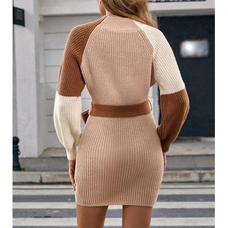 Women's Color Block Sweater Midi Dress - Fall Long Sleeve Bodycon Dress With Tie Waist - Image 8
