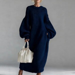 Crew-neck Loose-fit Lantern-sleeve Long Knit Sweater Dress