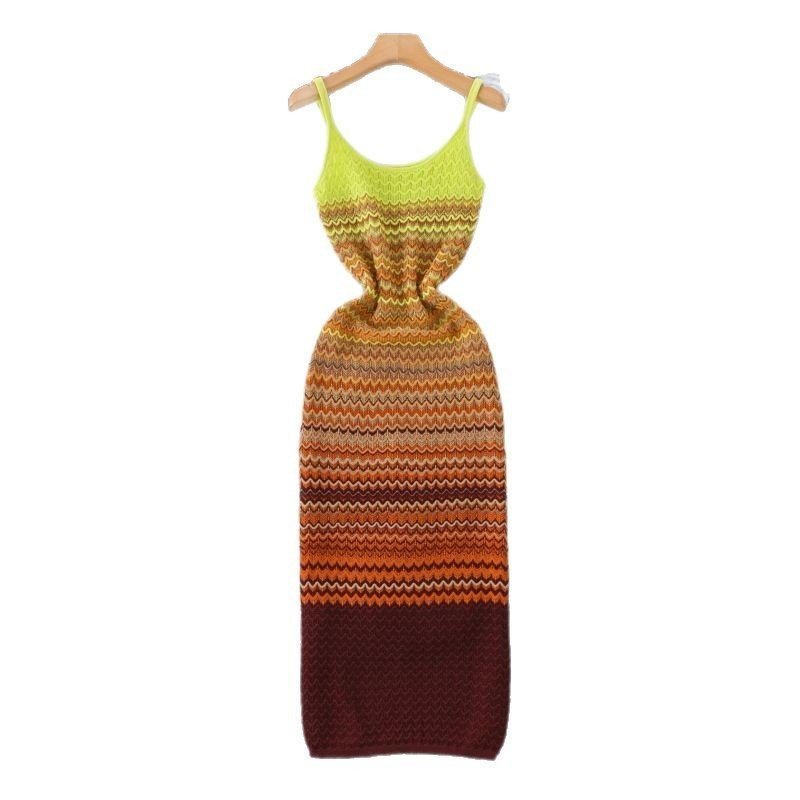 French-style Vintage Ombre Striped Sleeveless Slip Knit Dress - Image 6