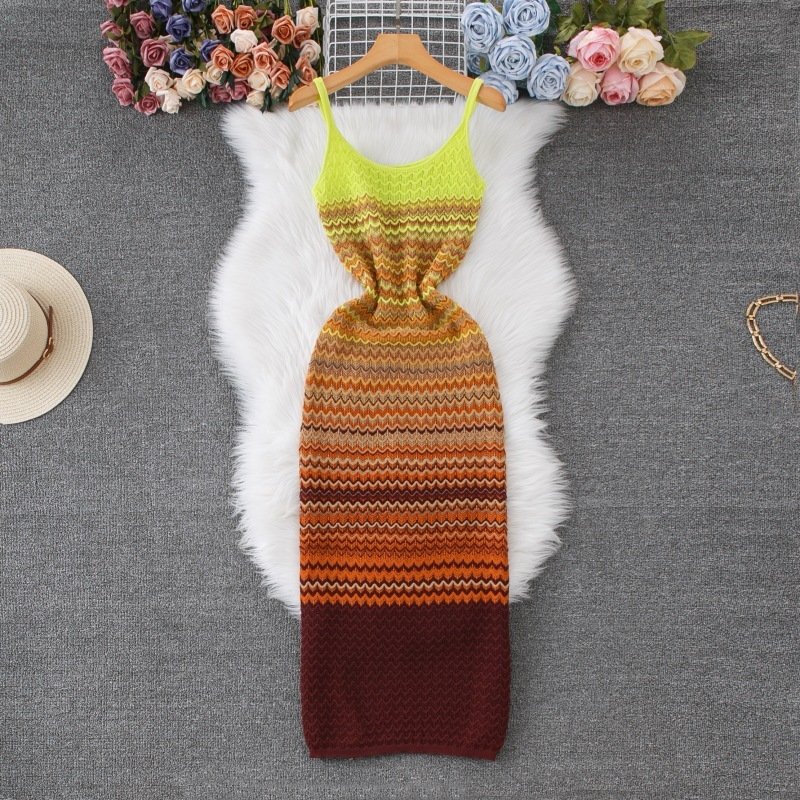 French-style Vintage Ombre Striped Sleeveless Slip Knit Dress - Image 4