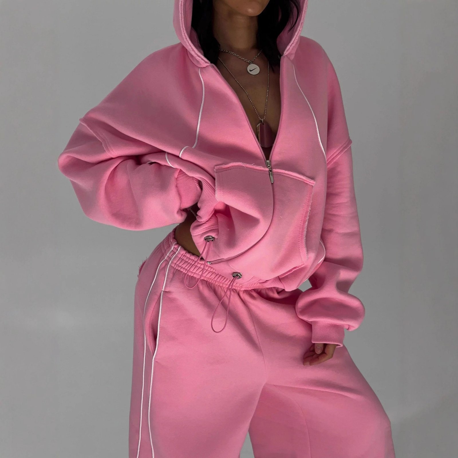 Athleisure Zip-up Long-sleeve Hoodie And Loose-fitting Sweatpants Set