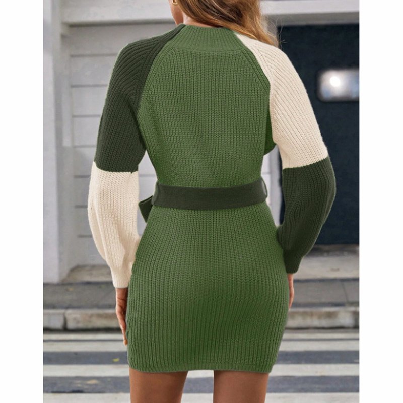 Women's Color Block Sweater Midi Dress - Fall Long Sleeve Bodycon Dress With Tie Waist - Image 5