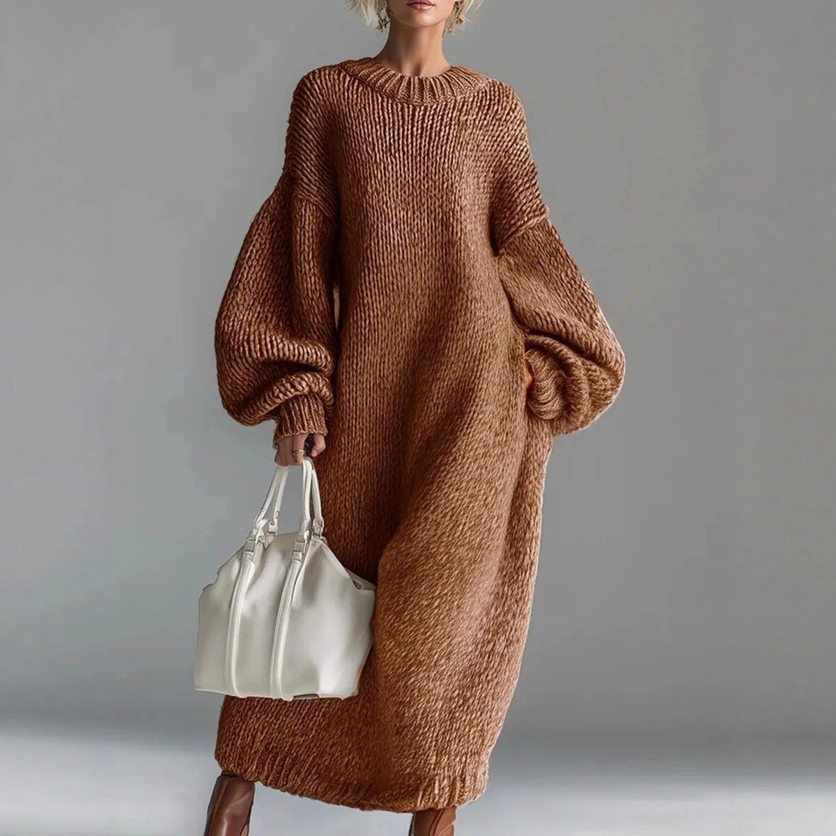 Crew-neck Loose-fit Lantern-sleeve Long Knit Sweater Dress - Image 5