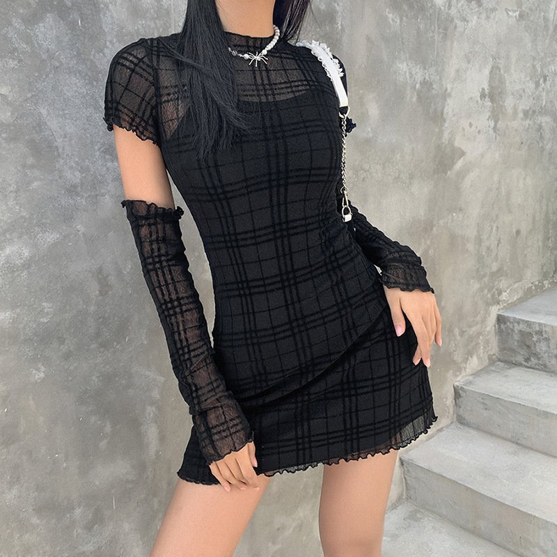 Elegant High-waist Body-hugging Plaid Three-piece Dress Set - Image 6