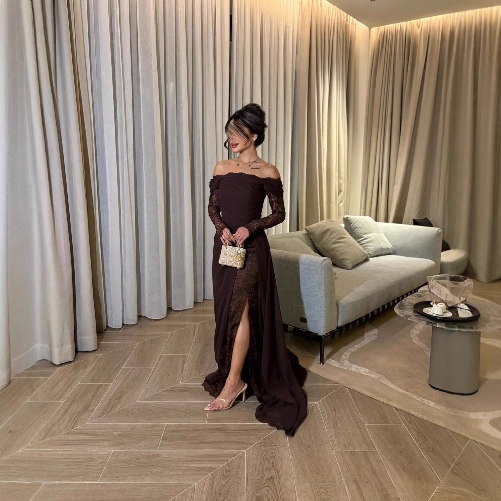 Off-the-shoulder Patchwork Lace Long-sleeve Flared Elegant Vintage Dress - Image 5