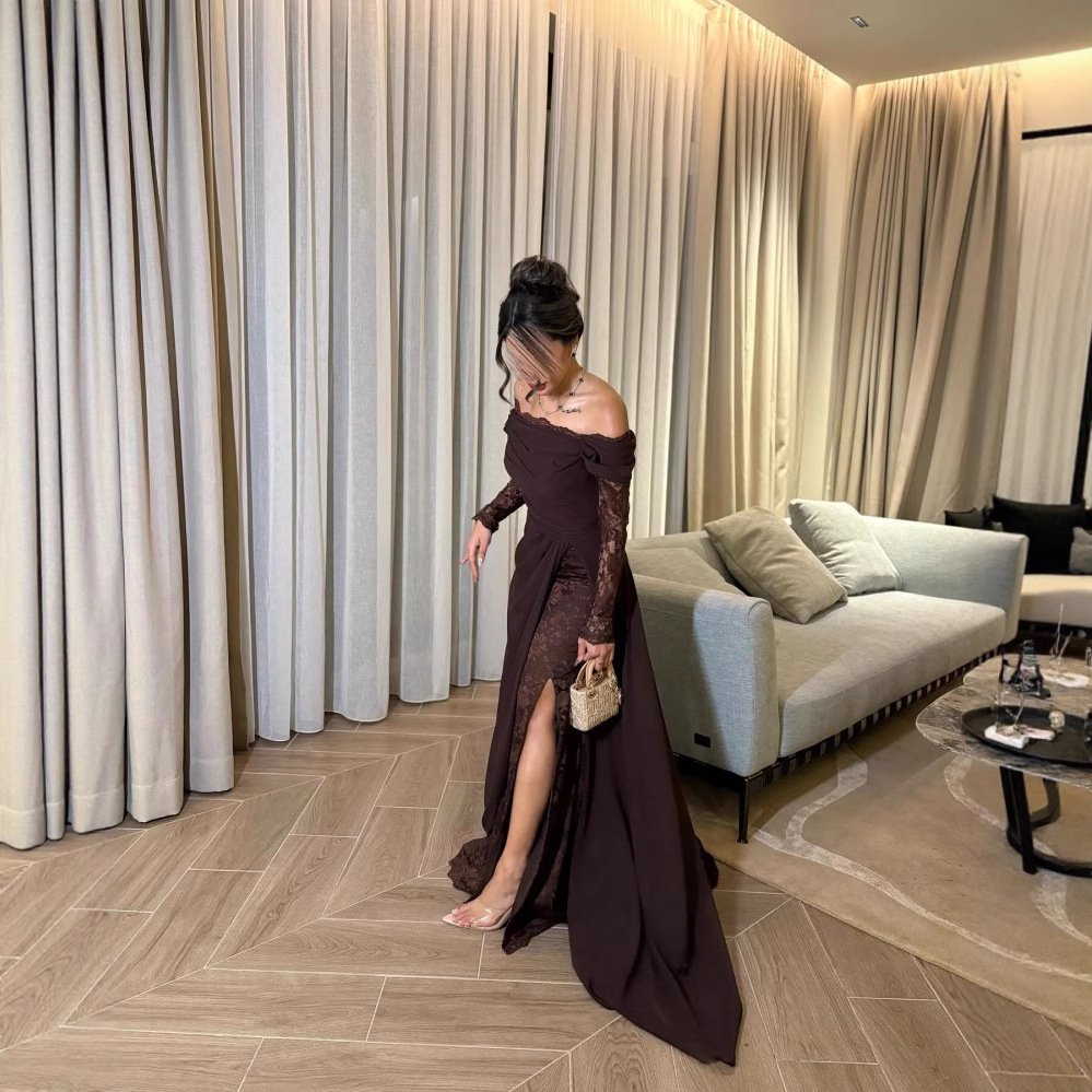 Off-the-shoulder Patchwork Lace Long-sleeve Flared Elegant Vintage Dress - Image 2