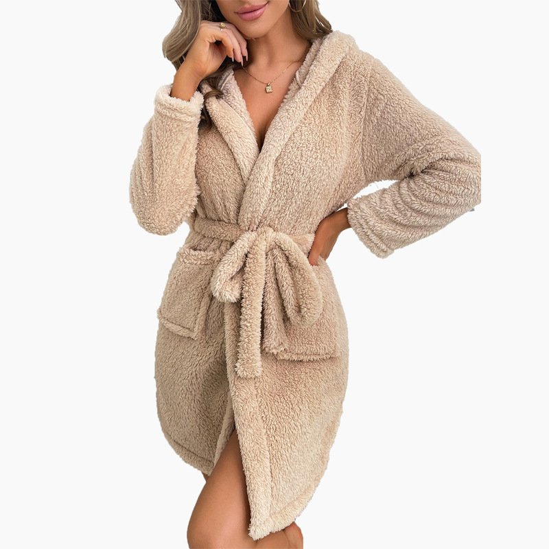 Plush Loungewear Robe Thickened Bathrobe Hooded Sleepwear With Drawstring - Image 5