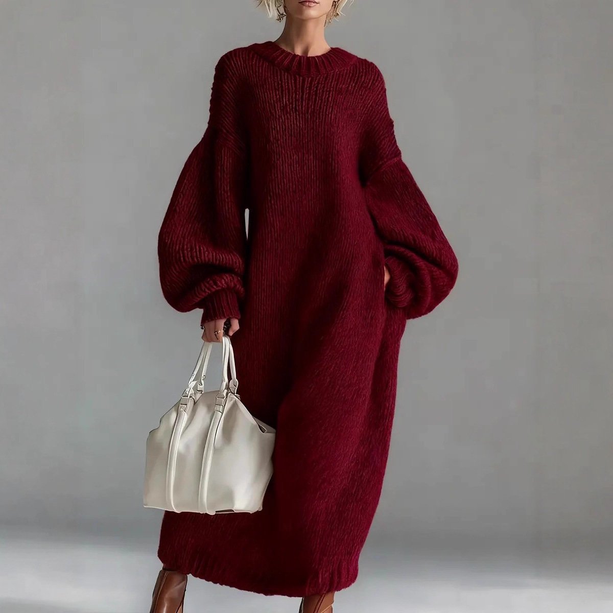 Crew-neck Loose-fit Lantern-sleeve Long Knit Sweater Dress - Image 7