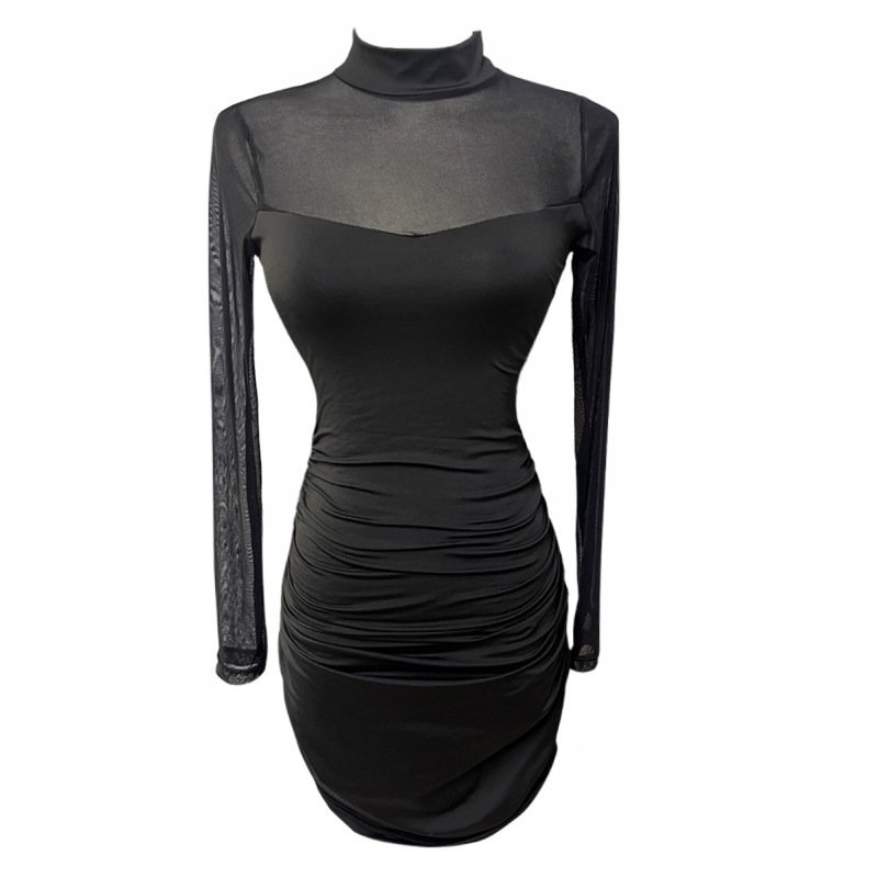 Mesh-panelled Long-sleeve Short Skirt Bodycon Sheath Dress For Women - Image 4