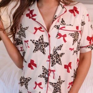 White Leopard Star Ribbon Bow Print Contrast Trim Short Pajama Set