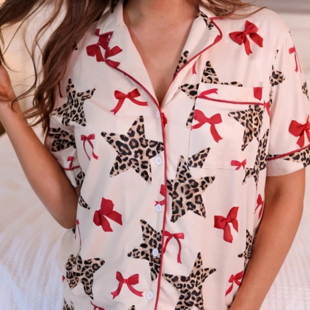 White Leopard Star Ribbon Bow Print Contrast Trim Short Pajama Set
